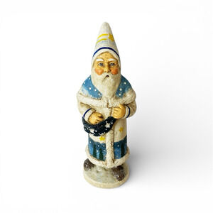 Folk Art Santa Figurine with Blue Coat with Stars 8 Inches Belsnickel Celestial